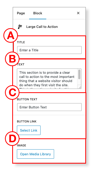 Settings in large call to action block