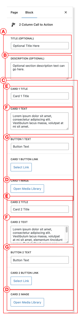 Settings for two column call to action block