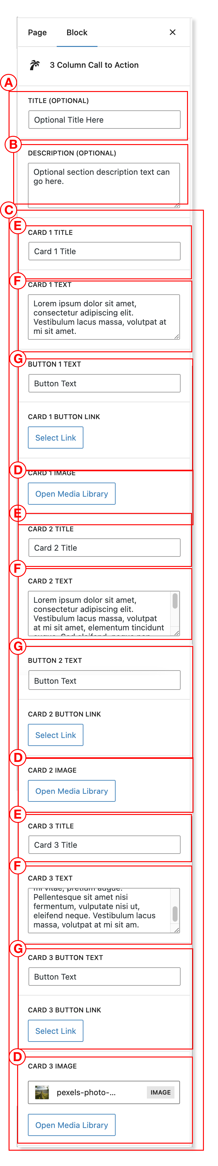 Settings for three column call to action block