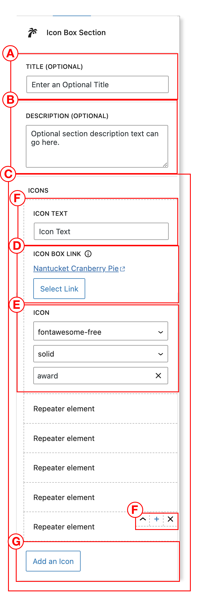 Settings for icon box section block