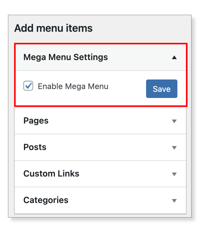 Mega menu settings