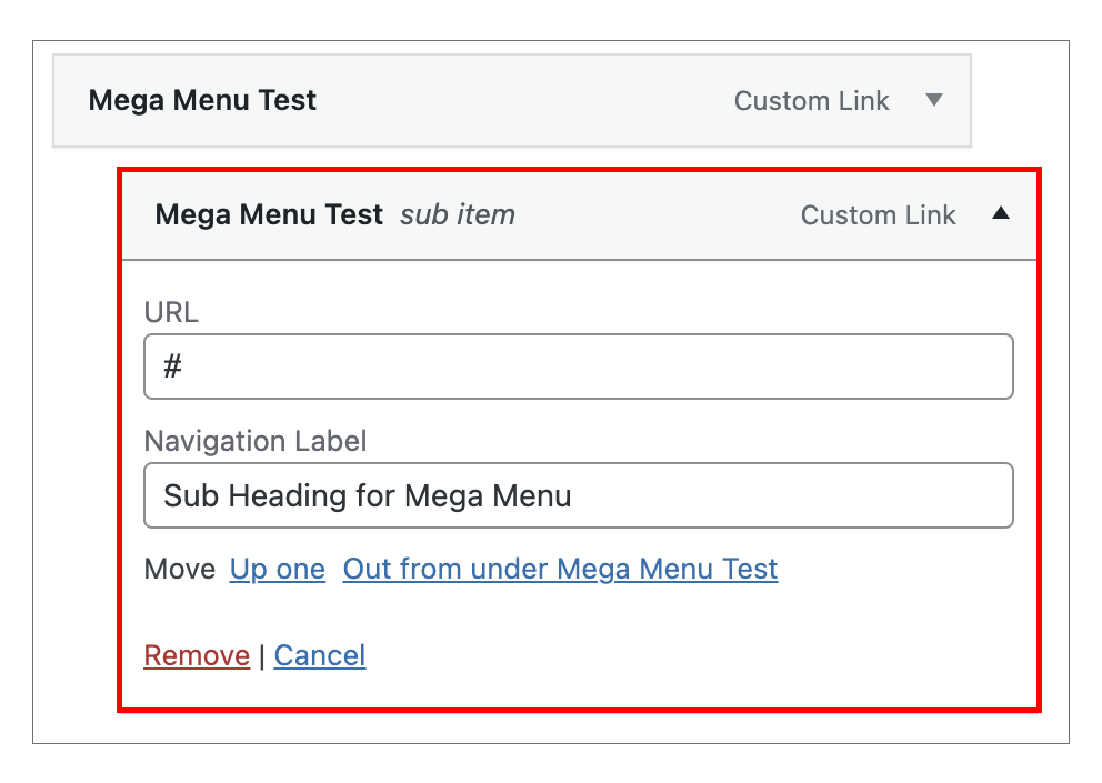 Mega menu url and navigation label