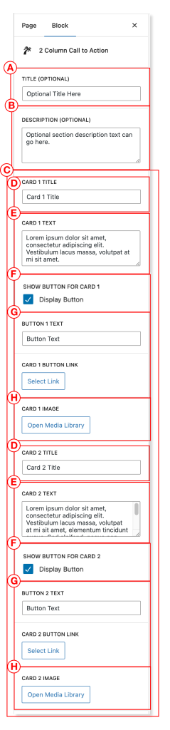 2 Card CTA block admin panel