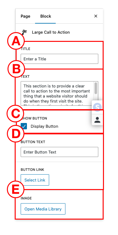 Large CTA block admin panel